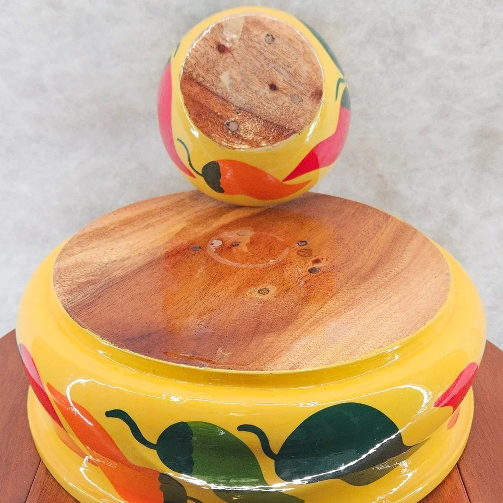 Hand Painted‎ Chili Pepper Wooden Chip & Dip Bowl Set Yellow Southwestern Vtg
